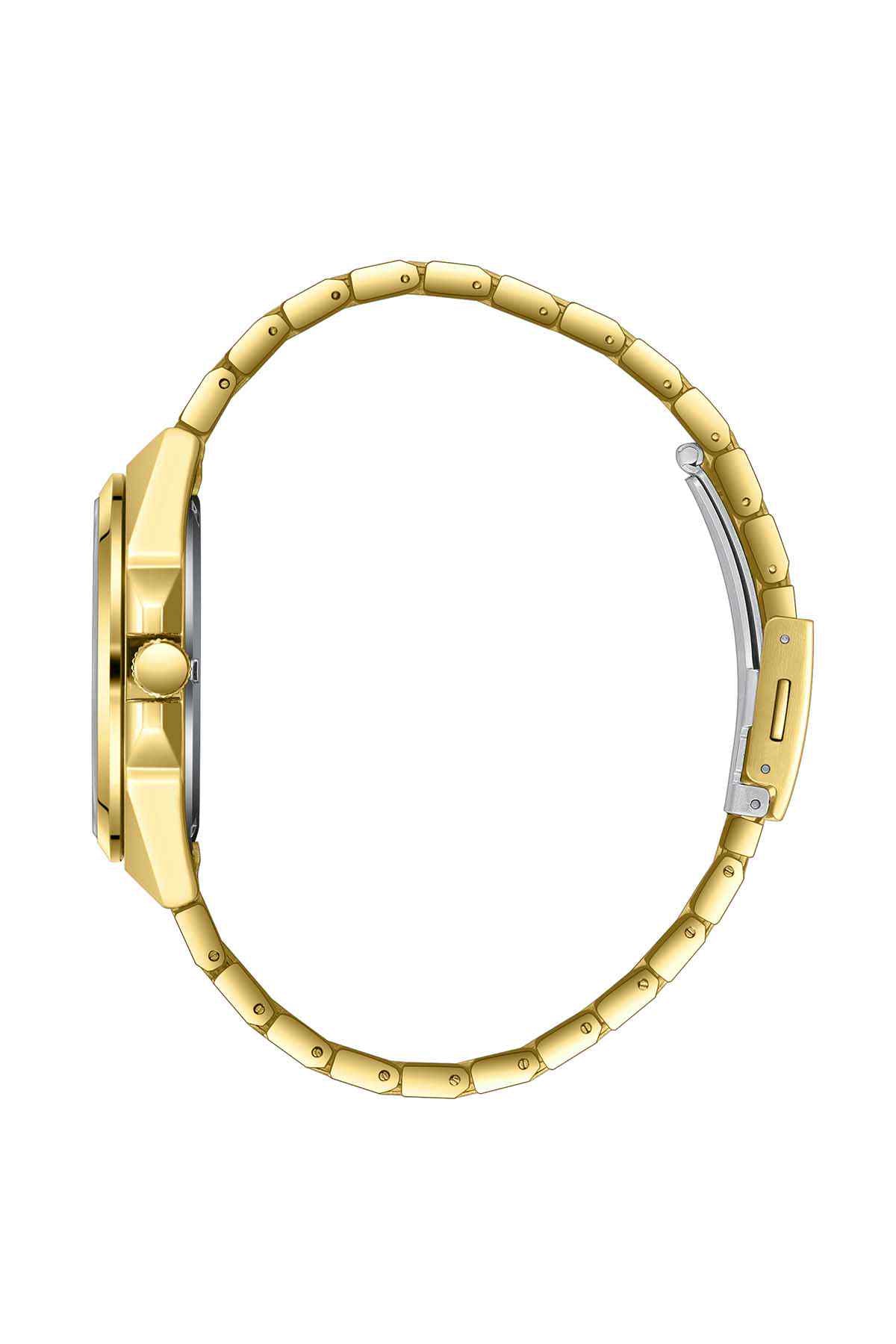 Gold-tone wristwatch case side view with metal link bracelet and crown