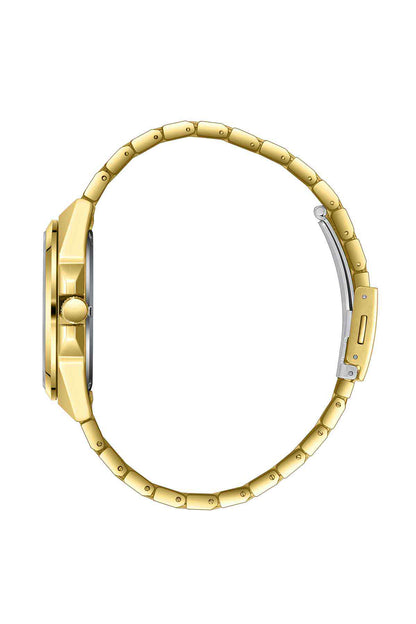 Gold-tone wristwatch case side view with metal link bracelet and crown