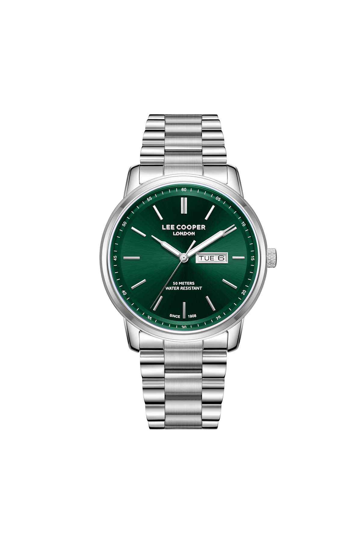 Silver metal wristwatch with green dial, round case and baton hour markers