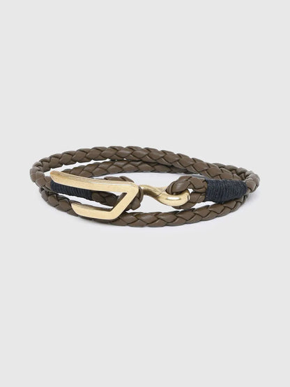 Diesel braided leather bracelet, brown with gold-tone clasp and strap