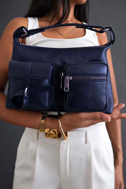 Midnight blue HIBISCUS handbag with front zip pocket and top handles