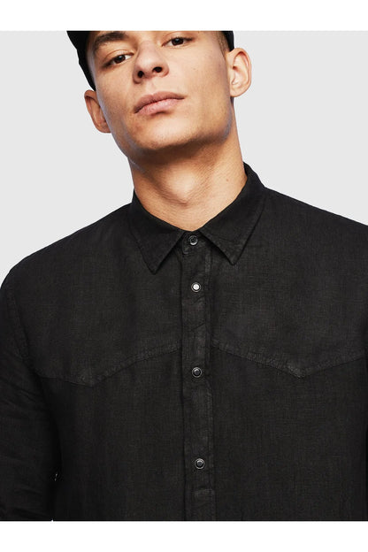 Black button-up shirt close-up with collar and front button placket