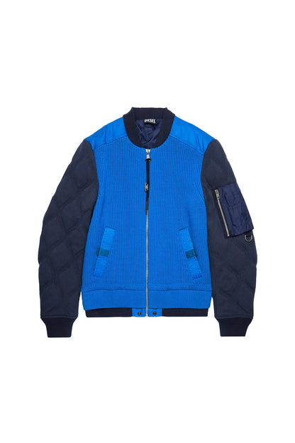 Diesel blue knit bomber jacket with chest zip, side pockets, navy sleeve panels
