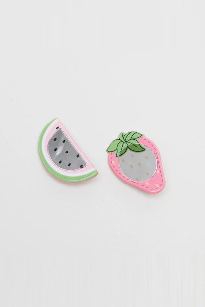 Fruit-shaped felt hair clips set: watermelon and strawberry, pink and green