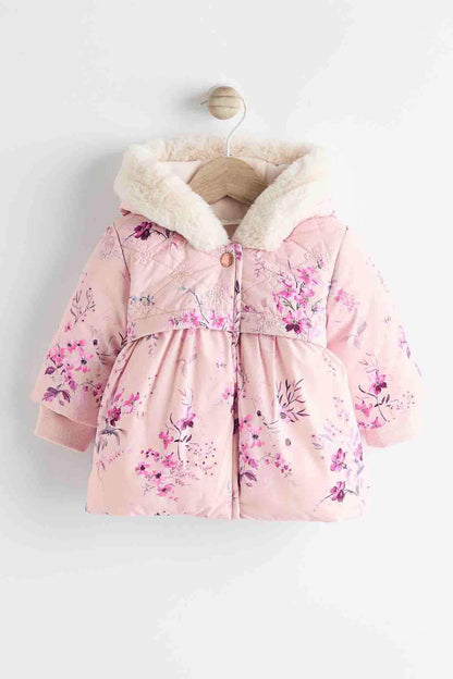 Pink floral puffer jacket with faux-fur hood trim and front snaps