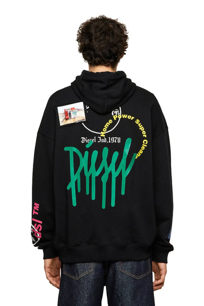 Black Diesel hoodie back view with green dripping logo and sleeve text