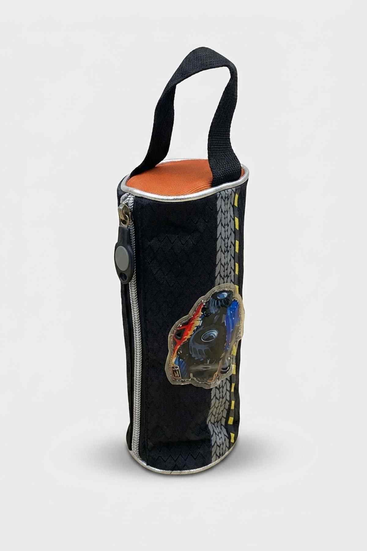 Tall bottle holder with shoulder strap, orange top opening, and robot graphic on dark fabric