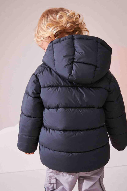 Back view charcoal hooded puffer jacket with quilted panels and zip
