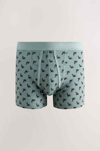 Light blue boxer shorts with repeating animal print and elastic waistband