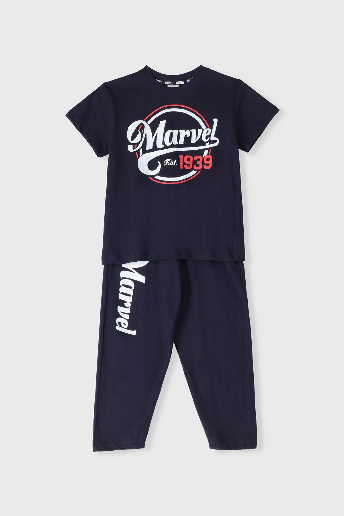 Disney boys' navy Marvel T-shirt and jogger set, graphic logo and matching pants