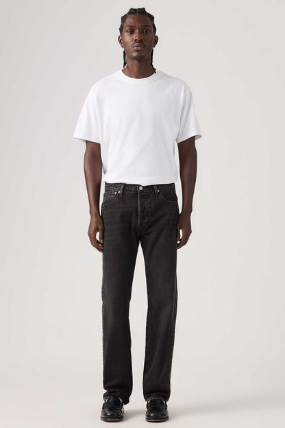 Levi's black straight-leg denim jeans with button fly and five-pocket styling