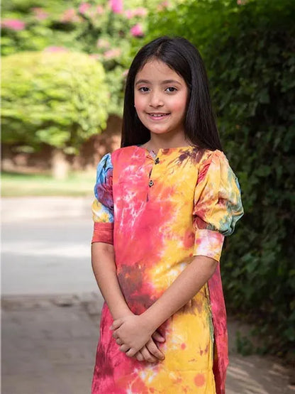 Kids tie-dye tunic and pants set with front buttons, puff sleeves, multicolor