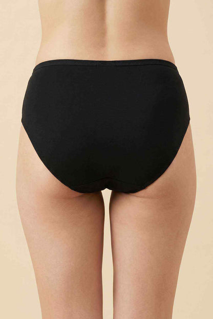 Black back view bikini briefs with full rear coverage and center seam.