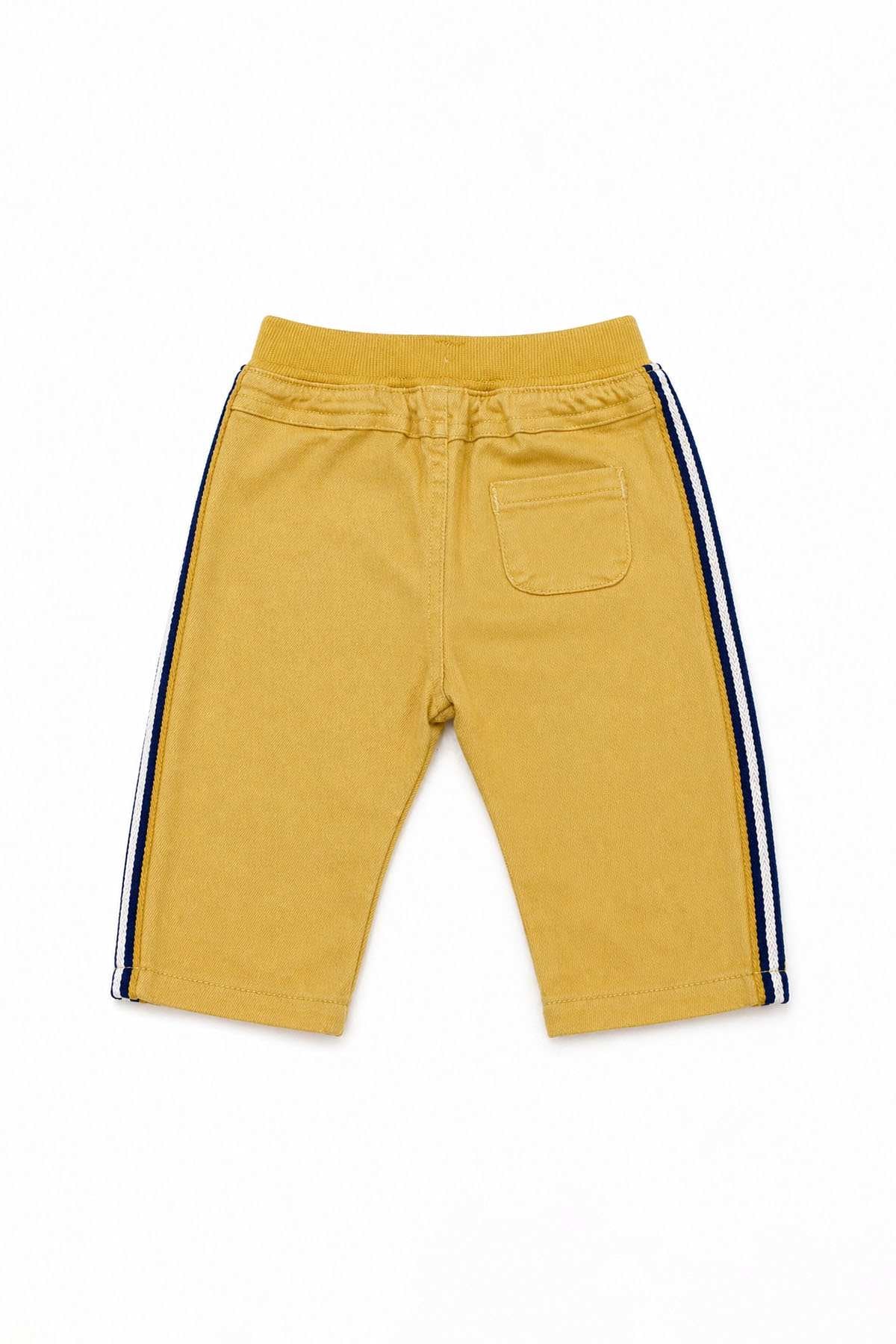 Yellow baby pants, front view, side stripe and drawstring waist