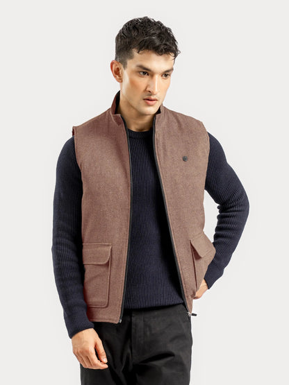 Brumano brown cotton vest with flap pockets and front button, sleeveless layering