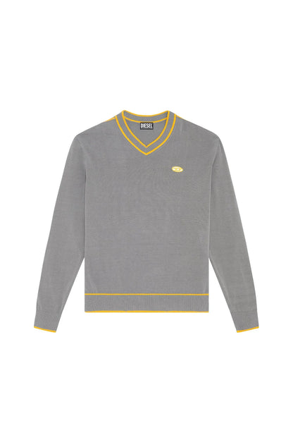 Light grey V-neck sweater back view with yellow collar and hem stripe