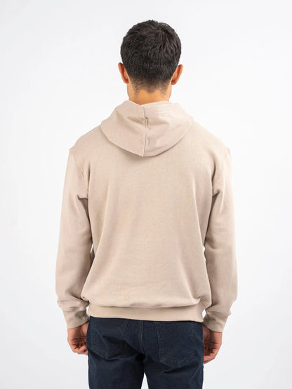 Beige pullover hoodie, back view with hood and ribbed hem and cuffs