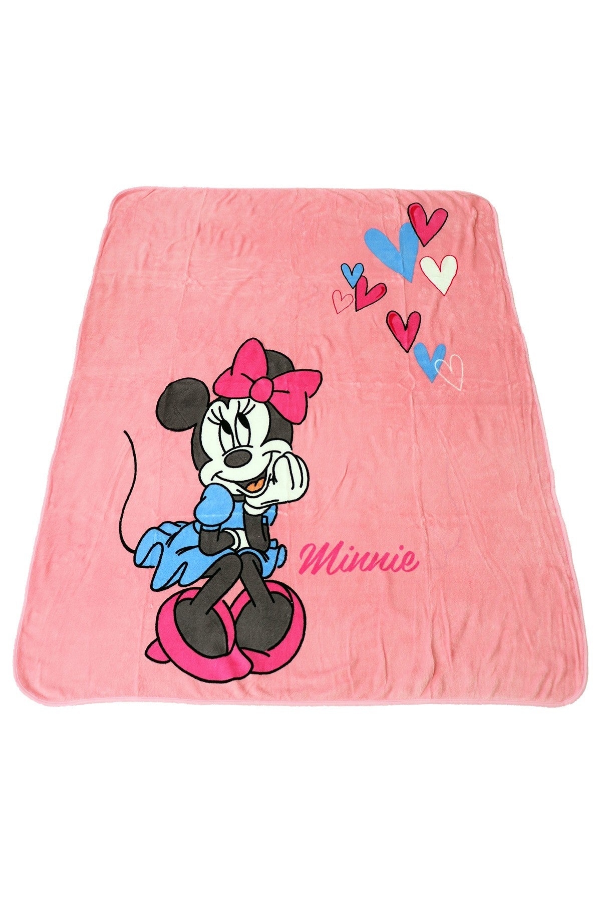 Disney fleece blanket, pink with Minnie Mouse wearing pink bow and heart accents