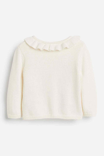 Girls cream knit sweater with ruffled collar and button front, plain knit back