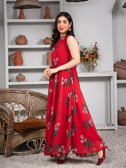 Red floral sleeveless maxi dress with round neck and tiered skirt, side pose