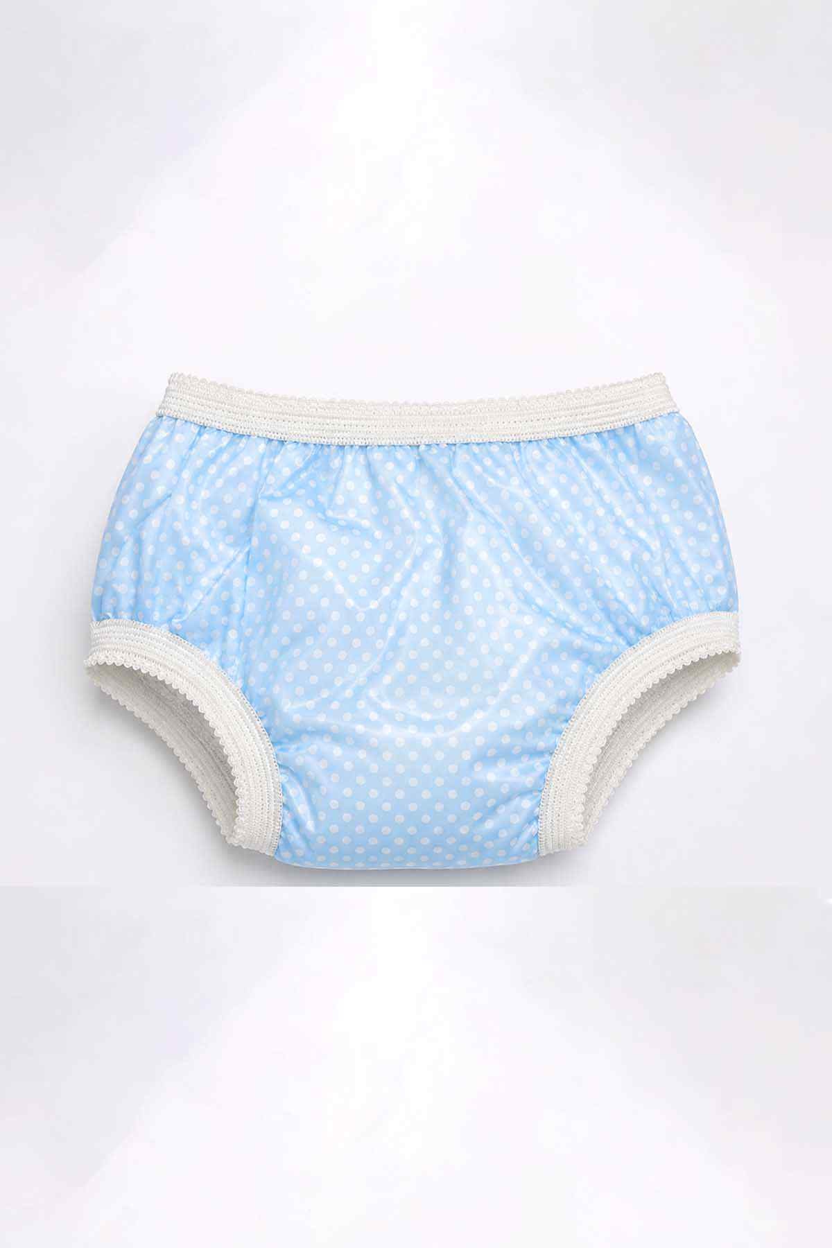 Baby blue dotted briefs with white elastic leg openings and waistband
