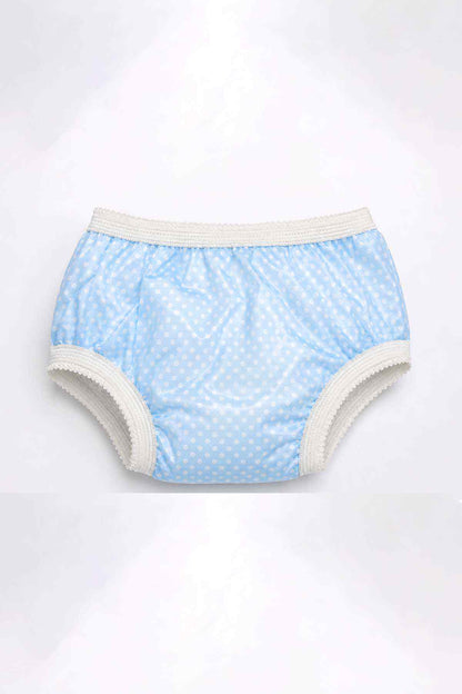 Baby blue dotted briefs with white elastic leg openings and waistband