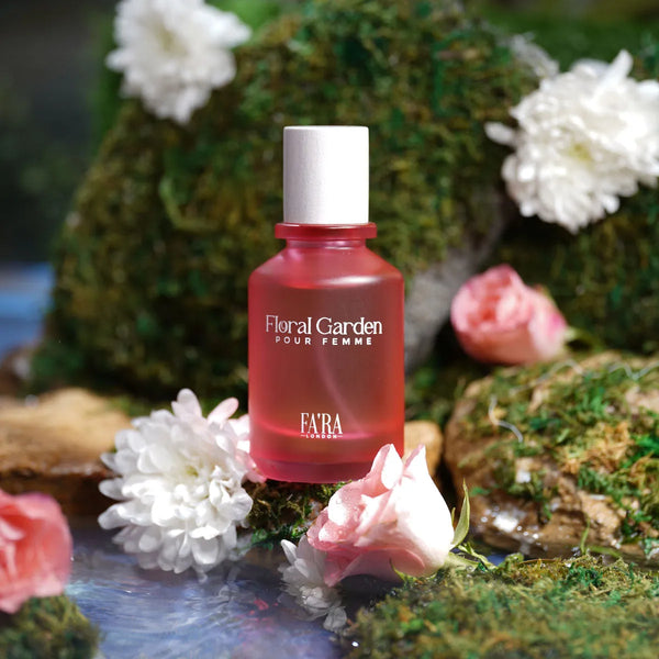Fara London Floral Garden pour femme perfume bottle, red glass with white cap