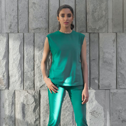 Teal sleeveless top and tapered jogger pants set with crew neckline