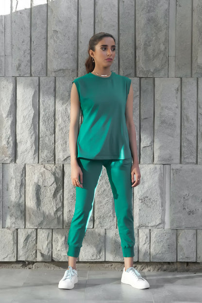 Teal sleeveless top and jogger pants set, cuffed ankle length, relaxed fit