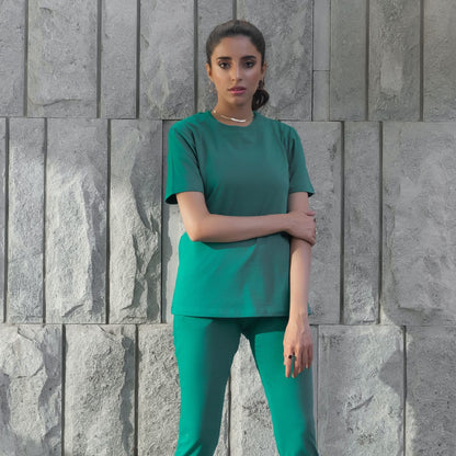 Dhaga teal scrub top and jogger pants set, short sleeves, crew neck