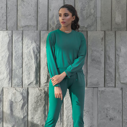 Dhaga teal long-sleeve top with matching jogger pants, elastic waist