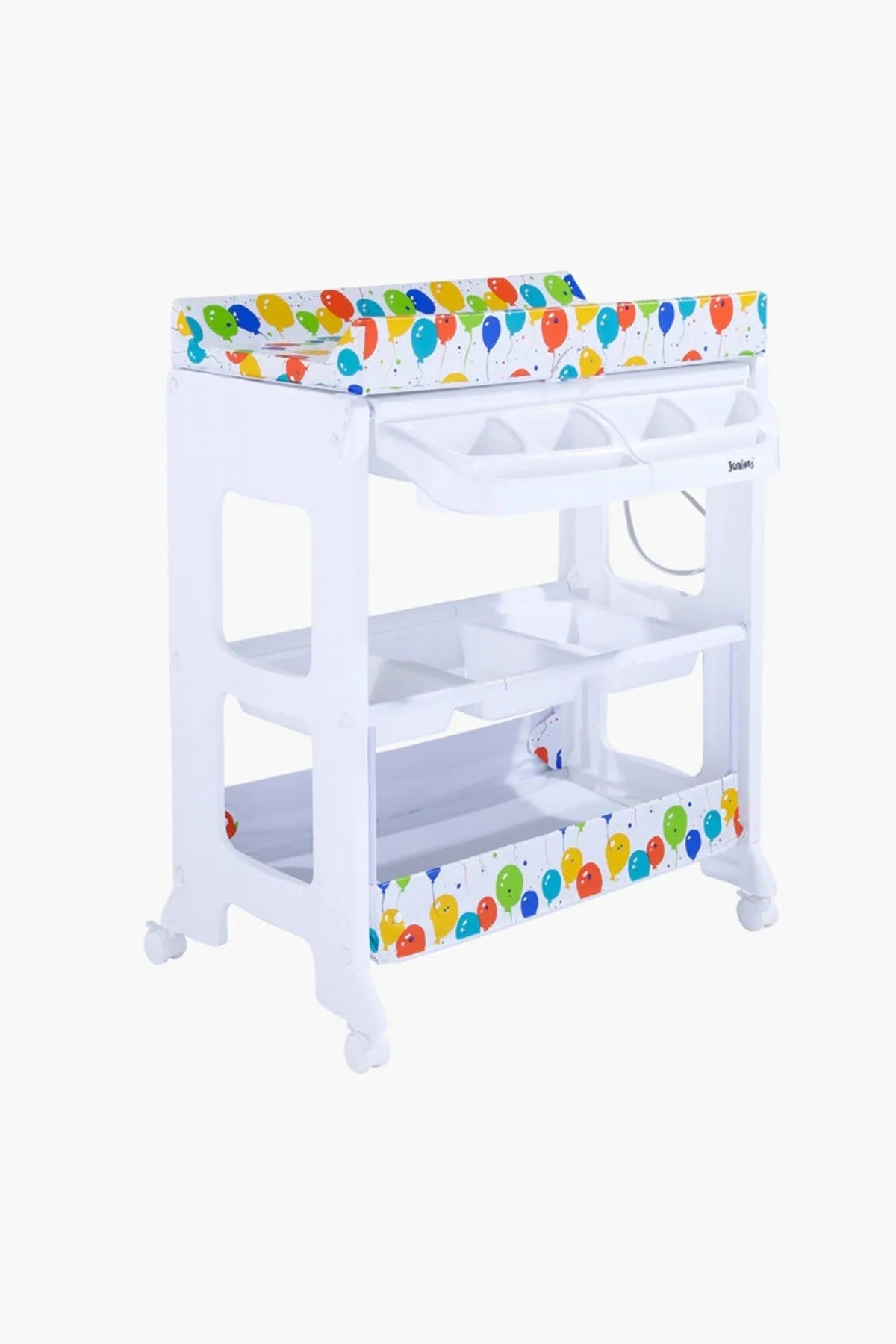 White baby changing table with colorful cartoon edge panels and open storage shelves