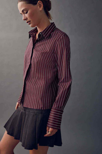 Wine pinstripe button-up shirt with pointed collar and buttoned cuffs