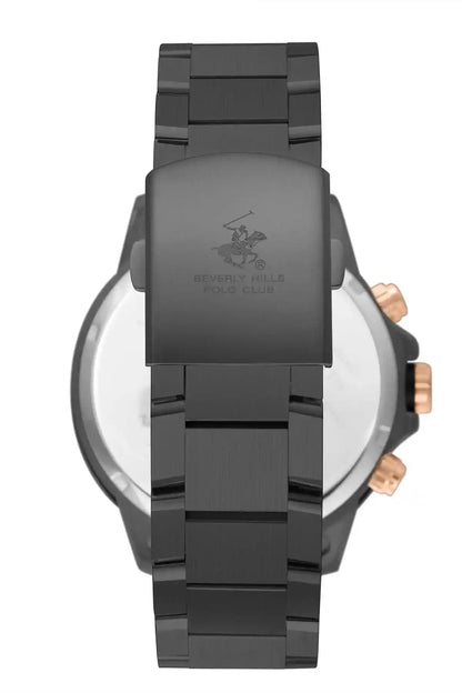 Black sport watch with black link bracelet, visible Beverly Hills Polo Club dial text