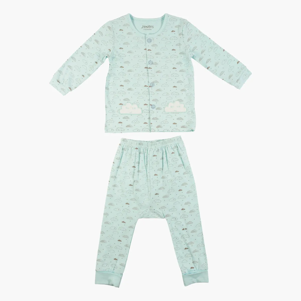 Baby pajama set with mint long-sleeve shirt and matching patterned pants, front buttons