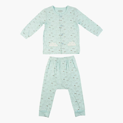 Baby pajama set with mint long-sleeve shirt and matching patterned pants, front buttons