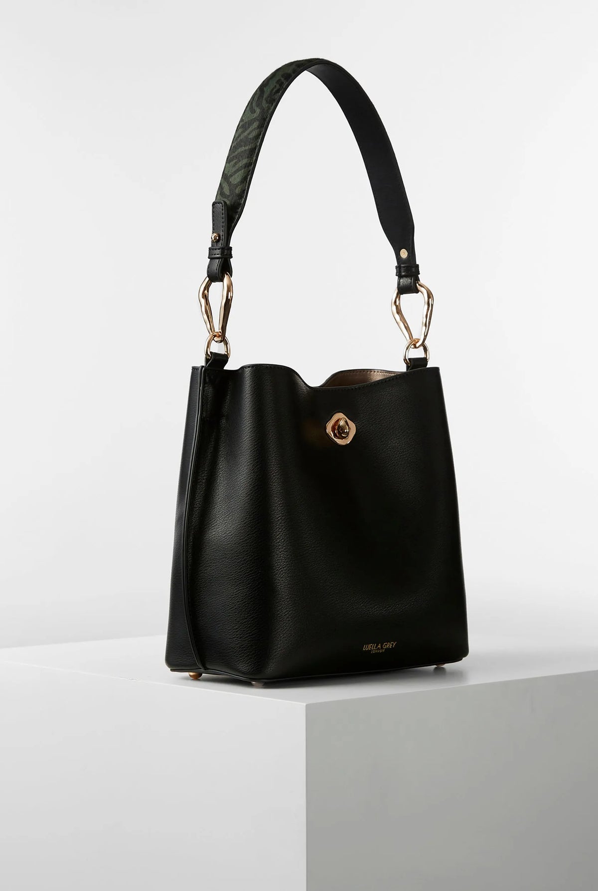 Luella Grey black shoulder bag with braided strap handles and front logo medallion