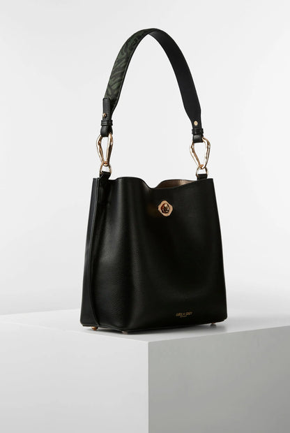 Luella Grey black shoulder bag with braided strap handles and front logo medallion
