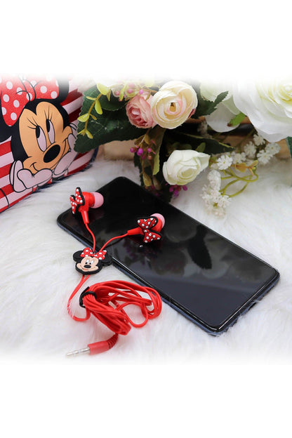 Minnie Mouse earphones with red cable and black-and-red bow accents