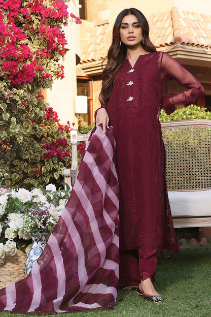 Maroon embroidered kurta dress with sheer striped dupatta and matching pants