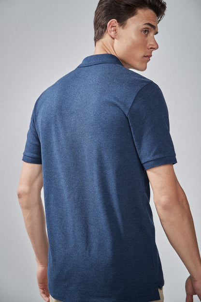 Men's navy marl polo shirt from the back with short sleeves and straight hem
