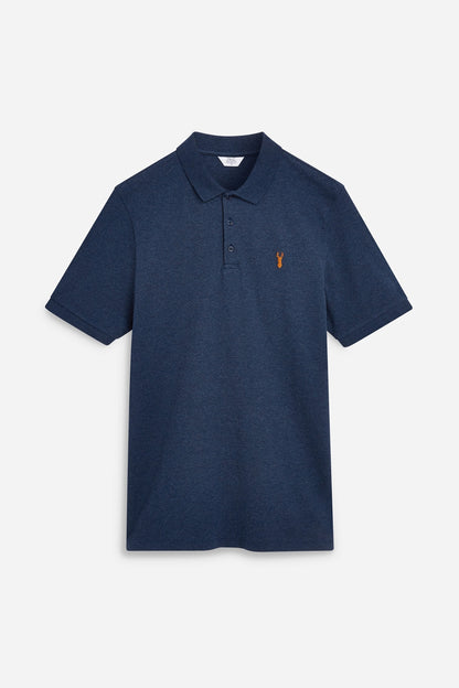 Navy marl short-sleeve polo shirt with collar, button placket, and chest logo