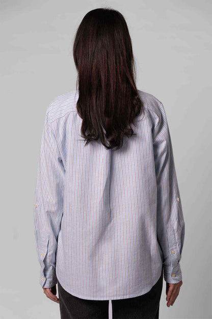 Back view of striped button-down shirt in light blue vertical pinstripes