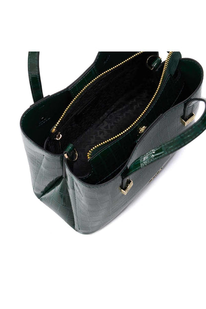 Dark green croc-embossed tote bag interior view with zip pocket and gold hardware