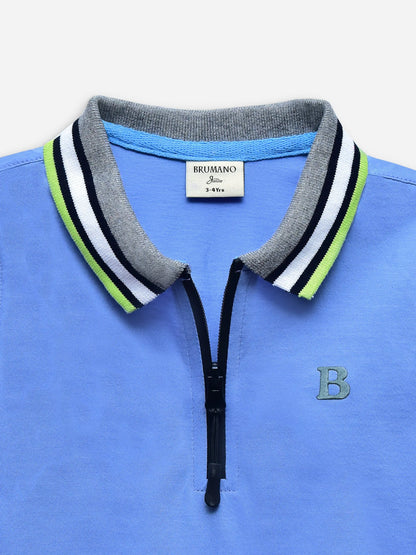 Brumano blue polo shirt with striped collar and black zip placket