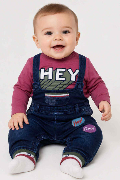 BABYSHOP baby denim overalls with 'HEY' and 'Cool' patches over burgundy top