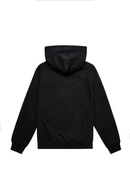 Black zip-up hoodie, plain back with drawstring hood