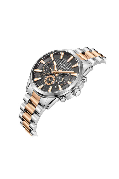 Lee Cooper watch with black dial, silver case and bracelet, rose-gold stripe detail