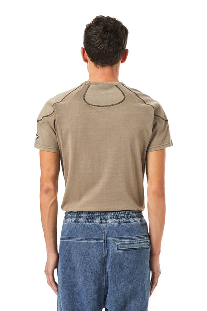 Diesel raglan T-shirt back view, tan crew neck with contrast seams