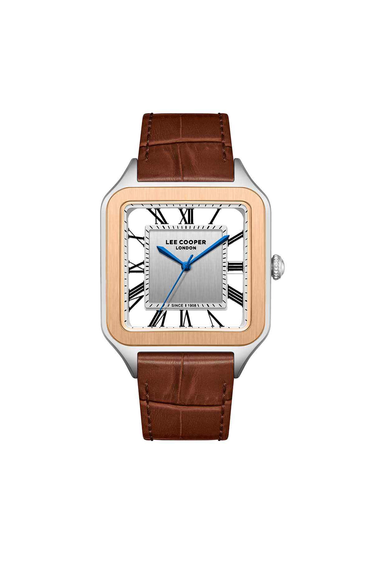 Lee Cooper square wristwatch, dark brown leather strap, silver case, blue hands